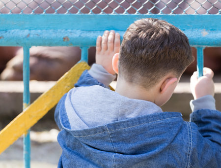 The boy stands near the metal fence .の写真素材