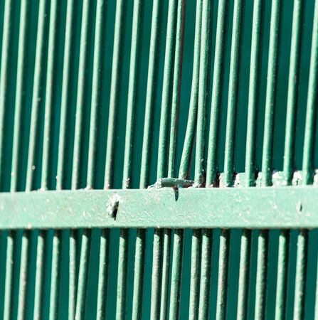 Metallic fence painted with green paint as a background .の写真素材