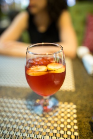 Red strawberry drink on the table in the restaurant .の写真素材