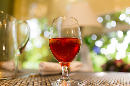 Red strawberry drink on the table in the restaurant .の写真素材