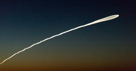 BAIKONUR, KAZAKHSTAN - July 28, 2017: Trace of smoke in the sky. Launch of the Soyuz-MS-05 rocket from the Baikonur cosmodromeのeditorial素材