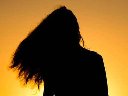 Silhouette of a girl with long hair at sunset .