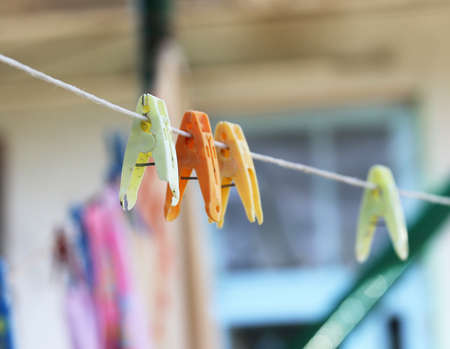 clothespins on a rope. macroの写真素材