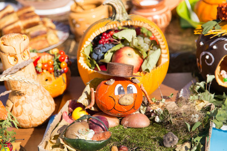 MATYRSKY, RUSSIA - September 23, 2017: The Pumpkin Porridge Festival. Scarecrow from a pumpkinのeditorial素材