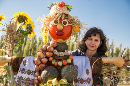 MATYRSKY, RUSSIA - September 23, 2017: The Pumpkin Porridge Festival. Scarecrow from a pumpkinのeditorial素材