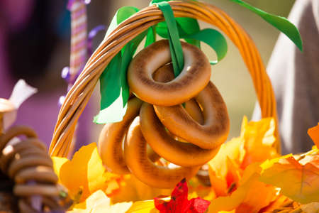 small rolls of dough on a basket .の写真素材