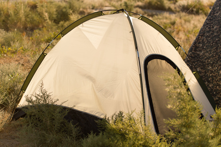 a traveler's tent in a park in the natureの写真素材