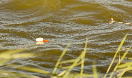 Fishing rod on the river bank in the nature