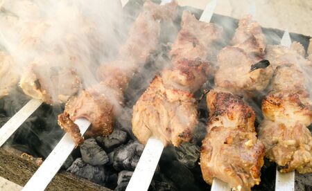 Shish kebab on metal sticks roasted on the grill .
