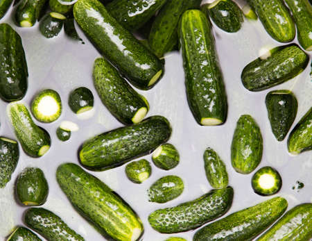 green cucumbers wash in water as a background .の写真素材