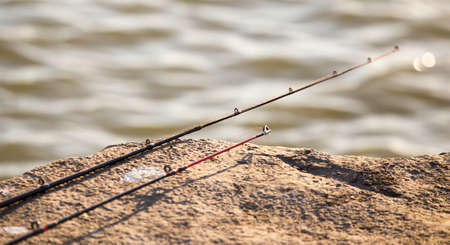The fishing rod stands on the river bank .の写真素材