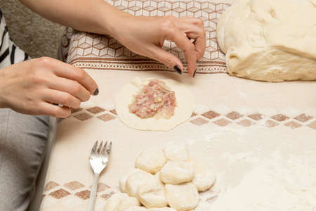 The girl makes dough and meat of dumplings .の写真素材