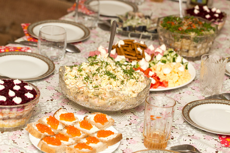 Dishes from salads with mayonnaise on the table .の写真素材