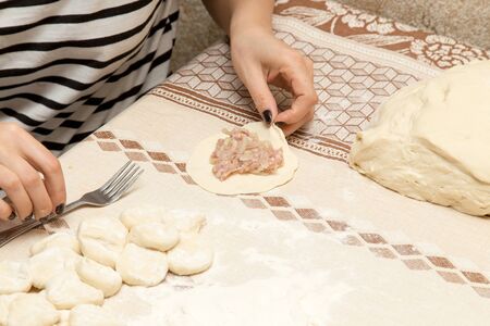 The girl makes dough and meat of dumplings .の写真素材