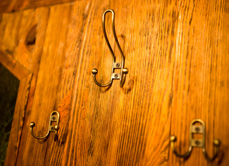 Hooks on a wooden wall for clothes .