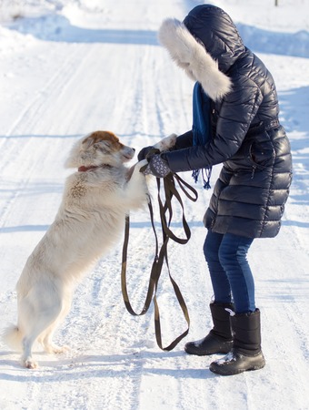 Girl with dog on snow in winter .