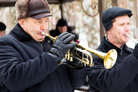 LIPETSK, RUSSIA - February 18, 2018: Musicians at the festival Maslenitsa . Russian pagan holiday