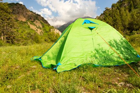 Tourist tent on nature in the mountainsの写真素材