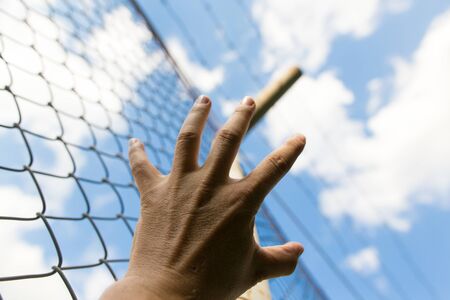 Hands on the fence raised in the blue skyの写真素材