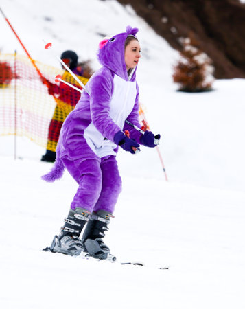 LIPETSK, RUSSIA - MARCH 31, 2018: A girl skiing from the mountainのeditorial素材