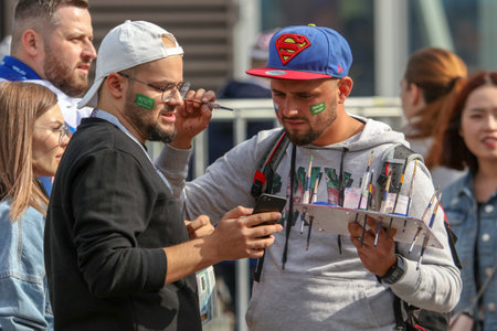Moscow, Russia-June 14, 2018: Saudi Arabia football fans on the streets of Moscow .のeditorial素材