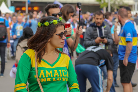 Moscow, Russia-June 14, 2018: Football fans on the streets of Moscow.のeditorial素材