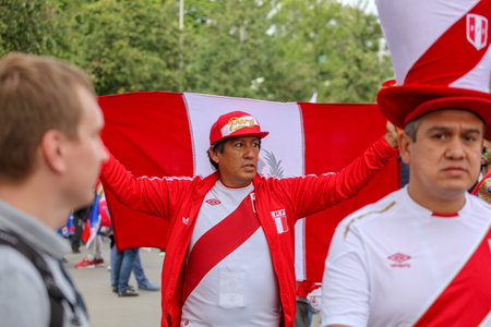 Moscow, Russia - June 14, 2018: Football fans of Peru on the streets of Moscow .のeditorial素材