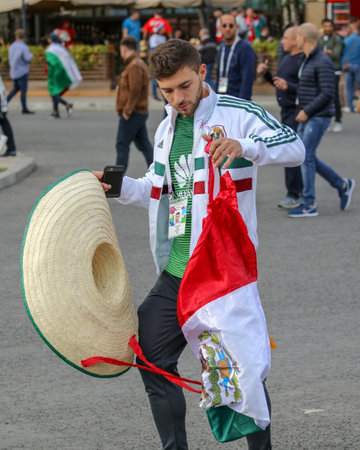 Moscow, Russia - June 14, 2018: Football fans of Mexico on the streets of Moscow .のeditorial素材