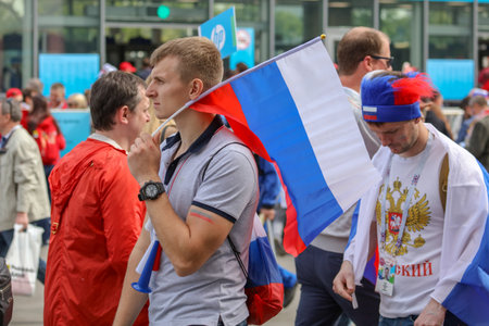 Moscow, Russia-June 14, 2018: Russian football fans on the streets of Moscow .のeditorial素材