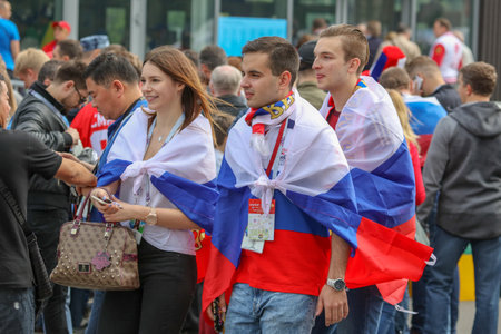 Moscow, Russia-June 14, 2018: Russian football fans on the streets of Moscow .のeditorial素材
