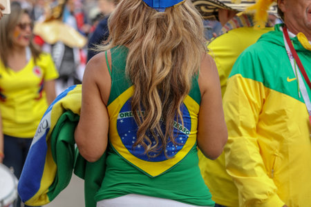 Moscow, Russia - June 14, 2018: Football fans of Brazil on the streets of Moscow .のeditorial素材