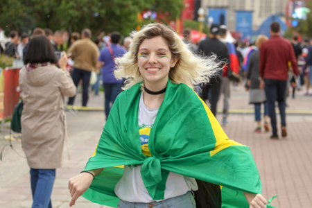 Moscow, Russia-June 14, 2018: Football fans on the streets of Moscow .のeditorial素材