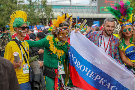 Moscow, Russia - June 14, 2018: Football fans of Brazil on the streets of Moscow .のeditorial素材