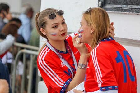 Moscow, Russia-June 14, 2018: Russian football fans on the streets of Moscow .のeditorial素材