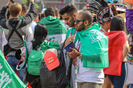 Moscow, Russia-June 14, 2018: Saudi Arabia football fans on the streets of Moscow .のeditorial素材