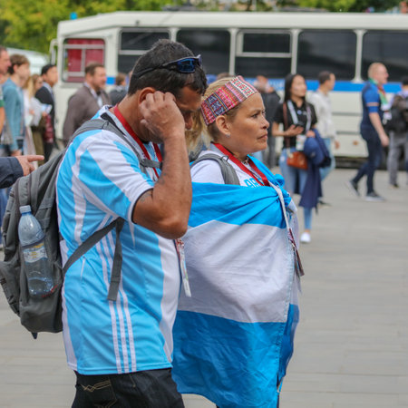 Moscow, Russia-June 14, 2018: Argentina's football fans on the streets of Moscow .のeditorial素材