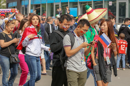 Moscow, Russia-June 14, 2018: Fans of the Russian national team on the streets of Moscow.のeditorial素材