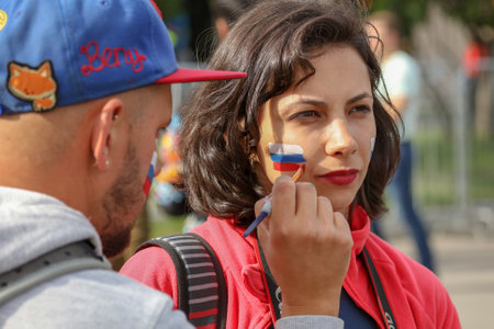 Moscow, Russia-June 14, 2018: Russian football fans on the streets of Moscow .