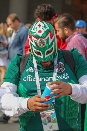 Moscow, Russia - June 14, 2018: Football fans of Mexico on the streets of Moscow .のeditorial素材