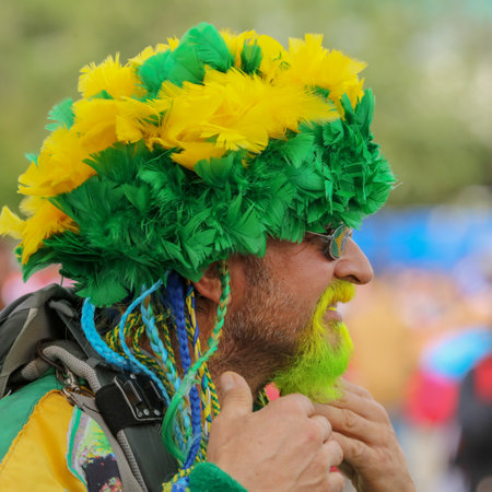 Moscow, Russia - June 14, 2018: Football fans of Brazil on the streets of Moscow .のeditorial素材