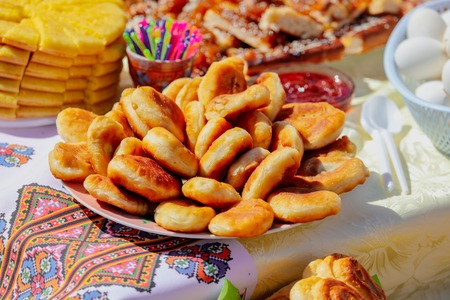 Pies baked from dough on a table .の写真素材