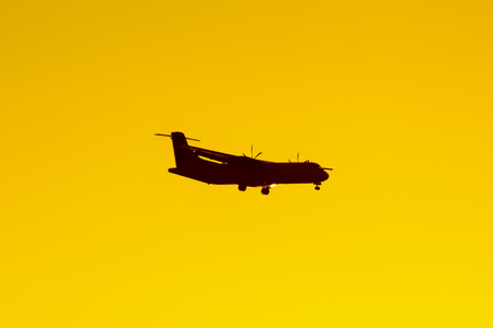 Airplane in the rays of sunset as a background .