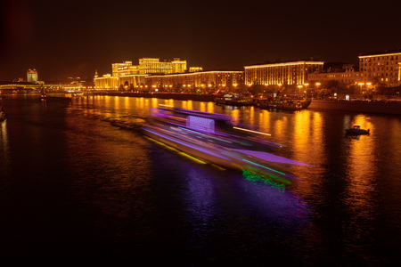 Moscow river with ships at night as background .の写真素材