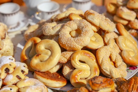 Fresh pastries for sale in the market .の写真素材