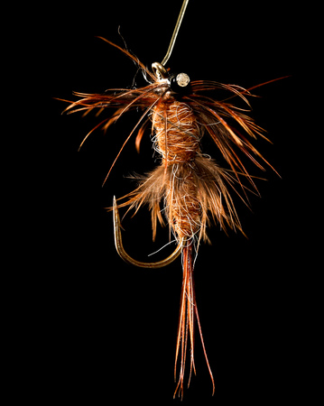 Feathers on the hook for fishing on a black background .