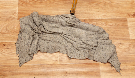 Cleaning a house with a rag on a mop.