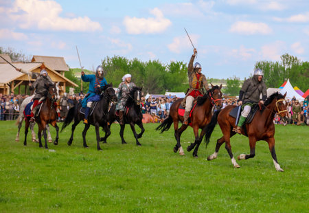 Yelets, Russia - May 11, 2019: Knights on horseback. Historical holiday Rusborg.