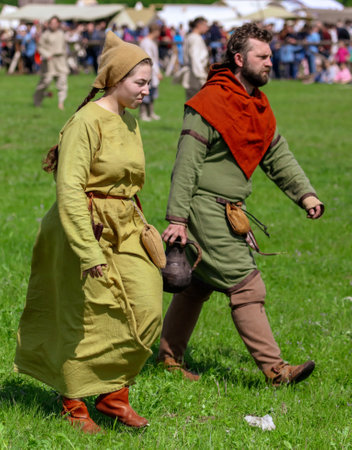 Yelets, Russia - May 11, 2019: Girl in the clothes of ancient Russian people. Historical holiday...