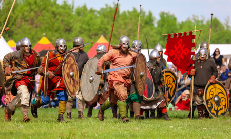 Yelets, Russia - May 11, 2019: Historical holiday Rusborg. Knights battle.のeditorial素材