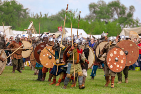 Yelets, Russia - May 11, 2019: Historical holiday Rusborg. Knights battle.